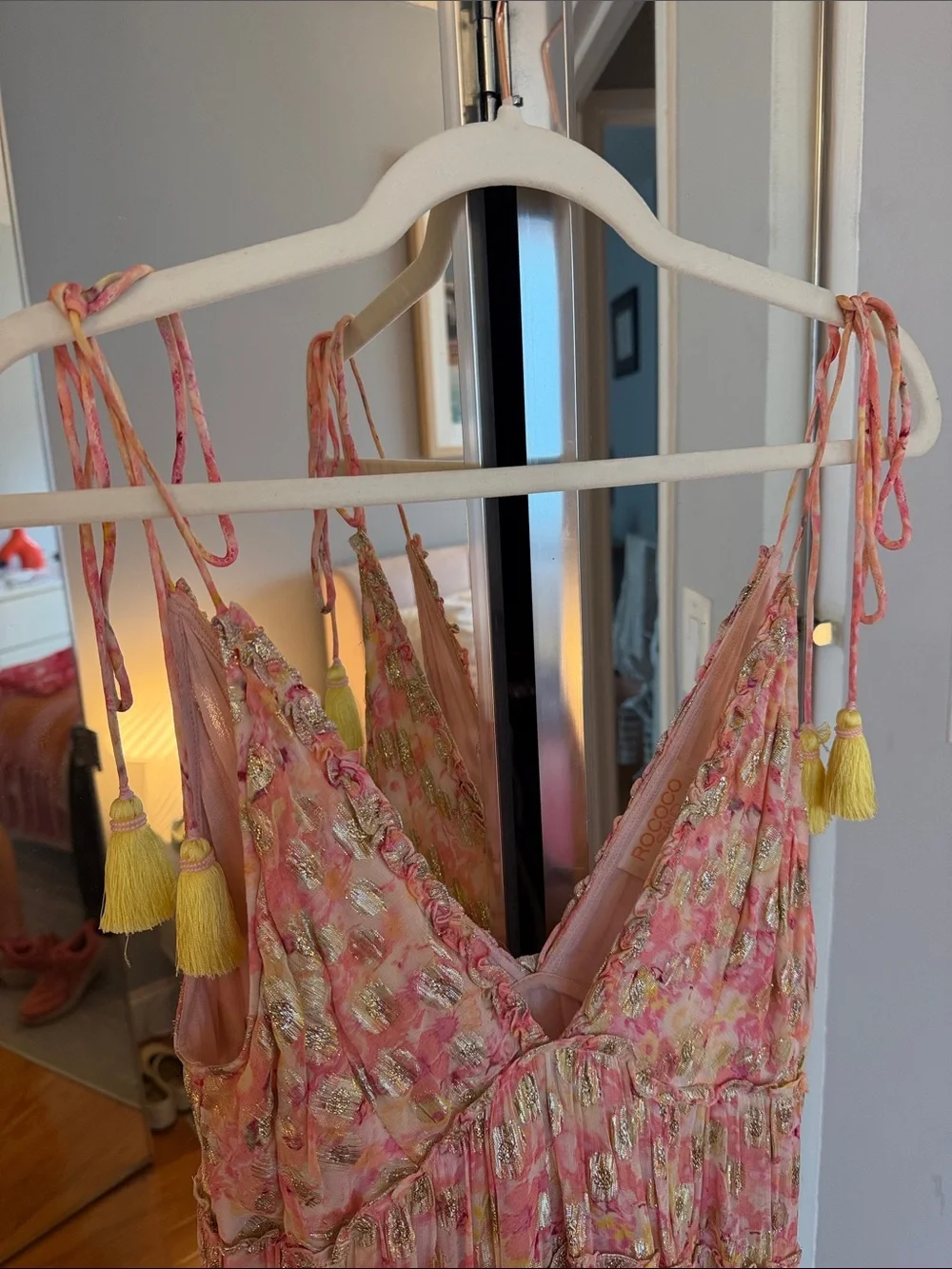 Pink Shimmer Floral Tie-Shoulder Sundress with Yellow Tassels